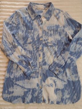 New Soft Surroundings Tunic Shirt Womens L Button Front & Back Blue Gauzy NWOT
